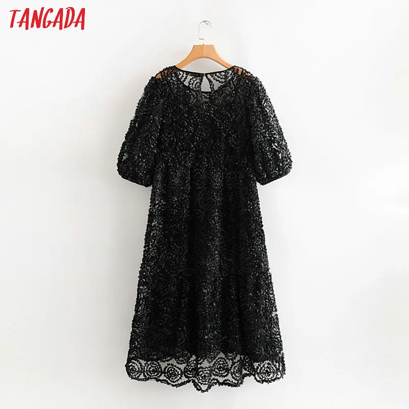 Tangada женское элегантное Сетчатое кружевное Цветочное платье с круглым вырезом и коротким рукавом Модные женские черные вечерние платья миди vestidos 3W33