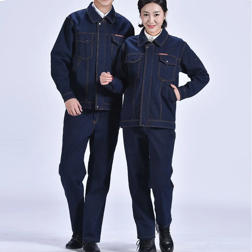 Worker clothes set male/female denim uniform Factory workshop Long-sleeve coveralls welding suit free ship Wear-resistant cotton |