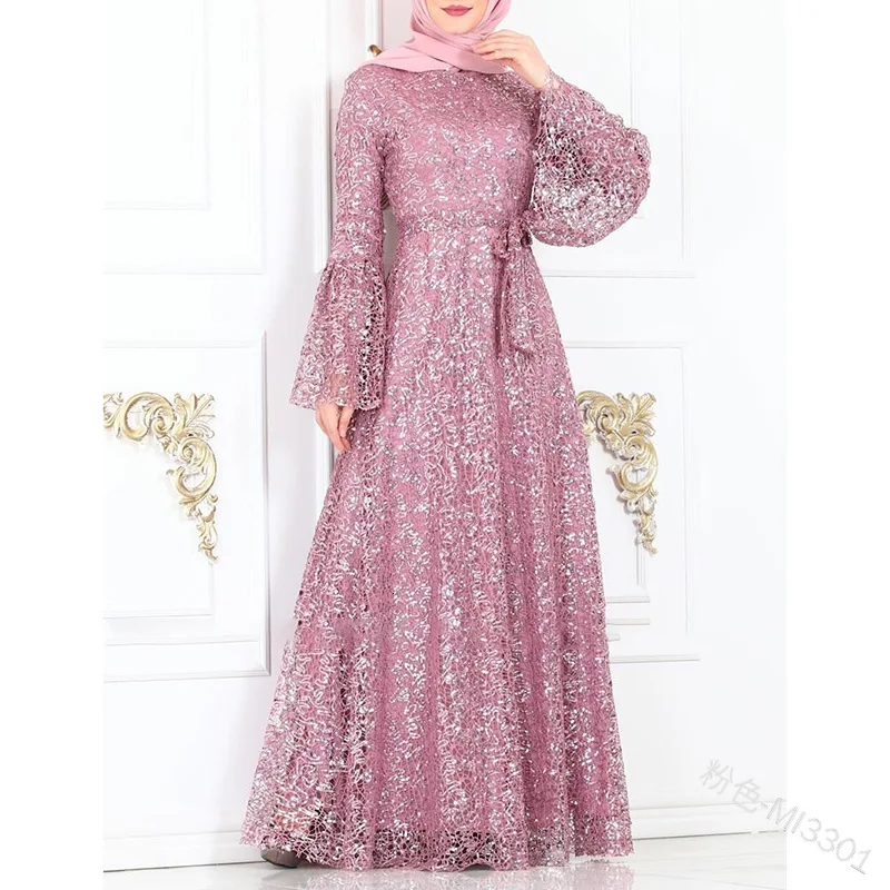 pink Muslim Sequins Abaya Mesh Maxi Dress Cardigan Long Robes Jubah Kimono UAE Ramadan Arab Turkey Islamic Kaftan Worship Service - Цвет: pink