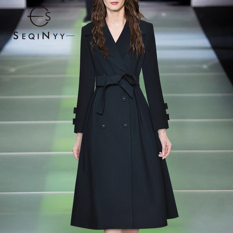 

SEQINYY Long Trench Coat 2020 Spring Autumn New Fashion Design Women High Quality Office Lady A-line Elegant Belt
