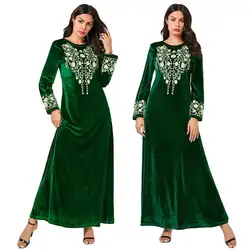 Винтажное женское бархатное платье с длинными рукавами мусульманское Цветочное платье с вышивкой абайя, кафтан халат 2019 модное платье