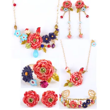 

Parrot Rose Series Set Enamel Color Glazed Red Flower Bird Long Necklace Bracelet Earring Earrings Ring