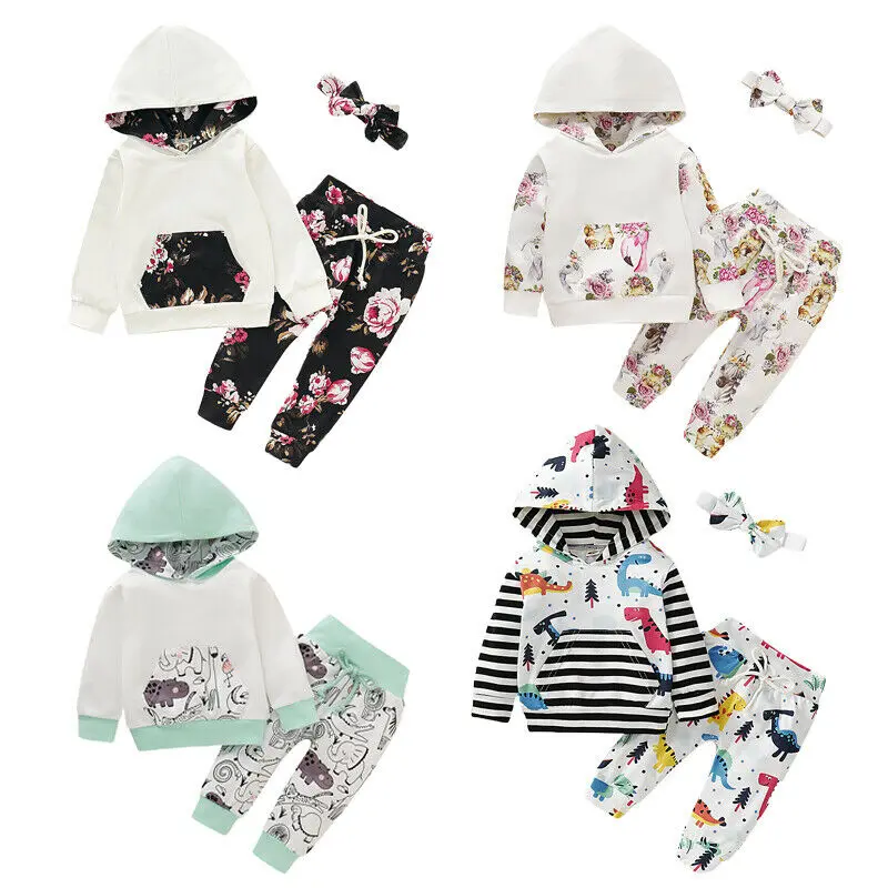 Newborn Baby Boy Girl Clothes Long Sleeve Hooded Pocket Sweatshirt Top+Long Pants+Headband Autumn Winter 3PCS Outfits Set 0-18M