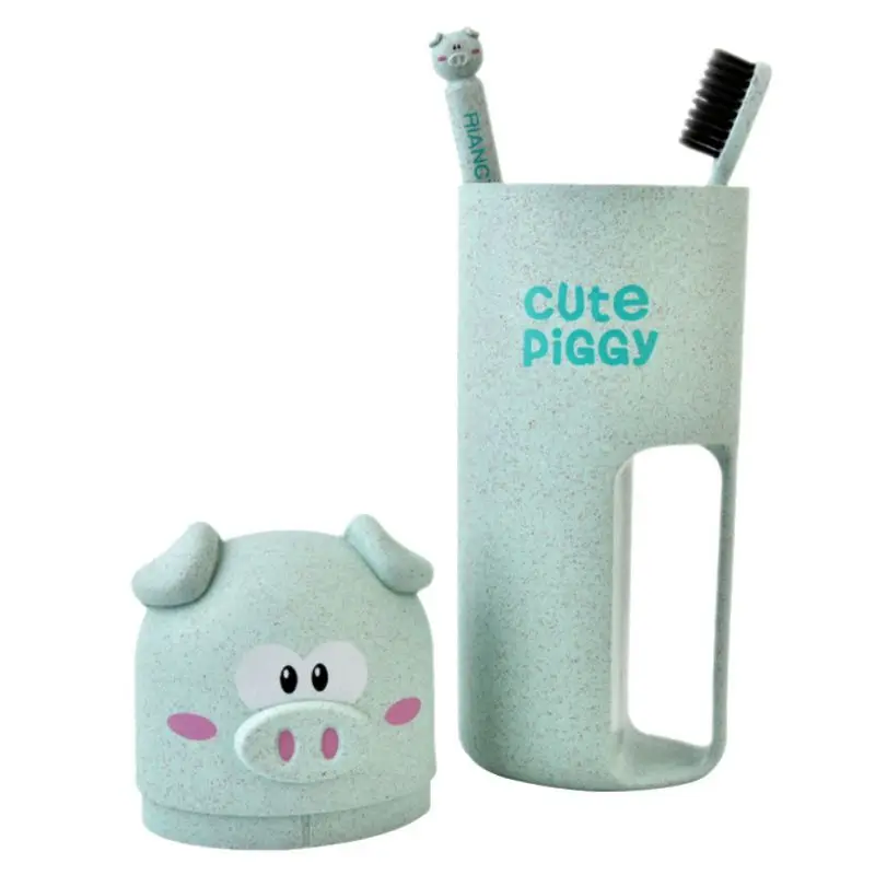 

Cartoon Pig Wheat Straw Portable Toothbrush Wash Cup With Toothbrush Travel Toiletries Storage Box Travel Toothbrush Holder #1