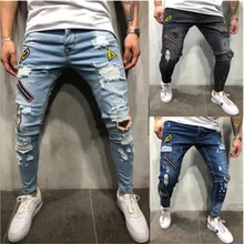 Горячая новинка, мужские эластичные рваные обтягивающие байкерские джинсы с вышивкой и принтом, джинсы с прорезями и дырками, узкие джинсы, поцарапанные джинсы высокого качества