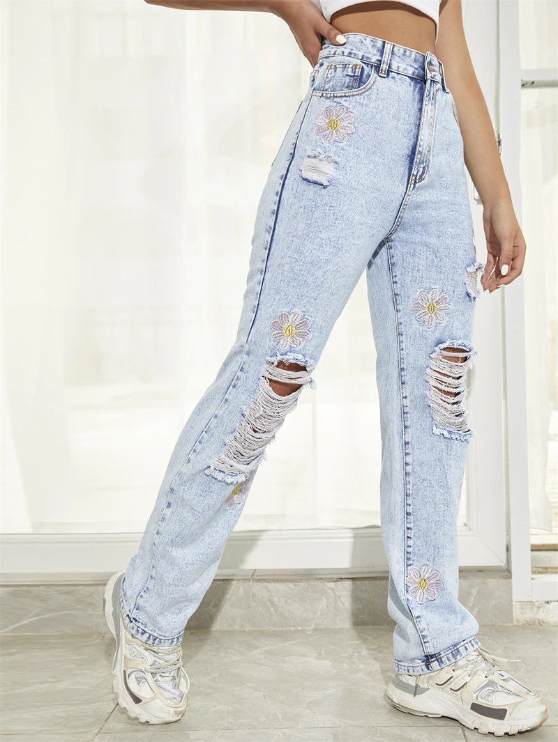Women Printed Ripped Jeans Pants For Women's Straight Loose Hole Streetwear Denim Trousers Lady Light Blue Denim Jeans 2021 blue jeans