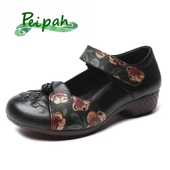 

PEIPAH Women Genuine Leather Pumps Plus Size 36-41 Low Heel Shoes Woman Spring/Autumn Decoration Handmade cow Leather Pumps 2020