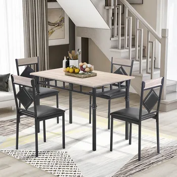 

Minimalist Style Dining Table Set Wood Kitchen Table 4 Leather Dining Chair 5 Piece Kitchen Table Set Dining Room Furniture Set