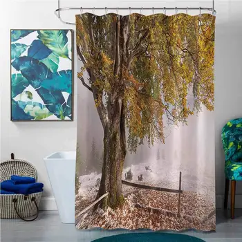 

Shower Curtains Black and red Leaves,Birches of A Big Tree in The First Fall of Snow December Country Blizzard Frozen