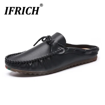 

2020 Popular Men Flats Sneakers Half Drag Pu Leather Shoes For Mens Summer Youth Fashion Men Shoes Black Gray Half slippers Men