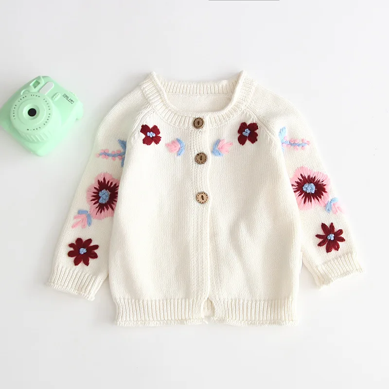 Осенне-зимний вязаный кардиган с вышитыми цветами; свитер для маленьких девочек; Детский свитер на пуговицах