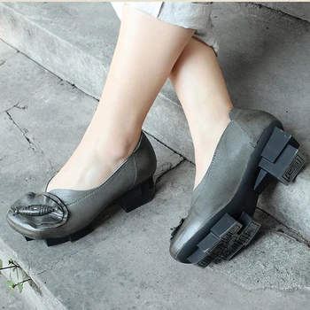 

Xiangban 2019 leather women's shoes shallow high heels platform female shoes slip on handmade vintage flower shoes grey