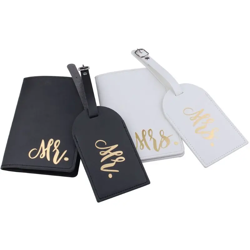 2pcs/set Mr Mrs Leather Passport Case Holder with Luggage Tags Travel ID Credit Card Protector for Women Couples 7 x 12cm | Багаж и сумки