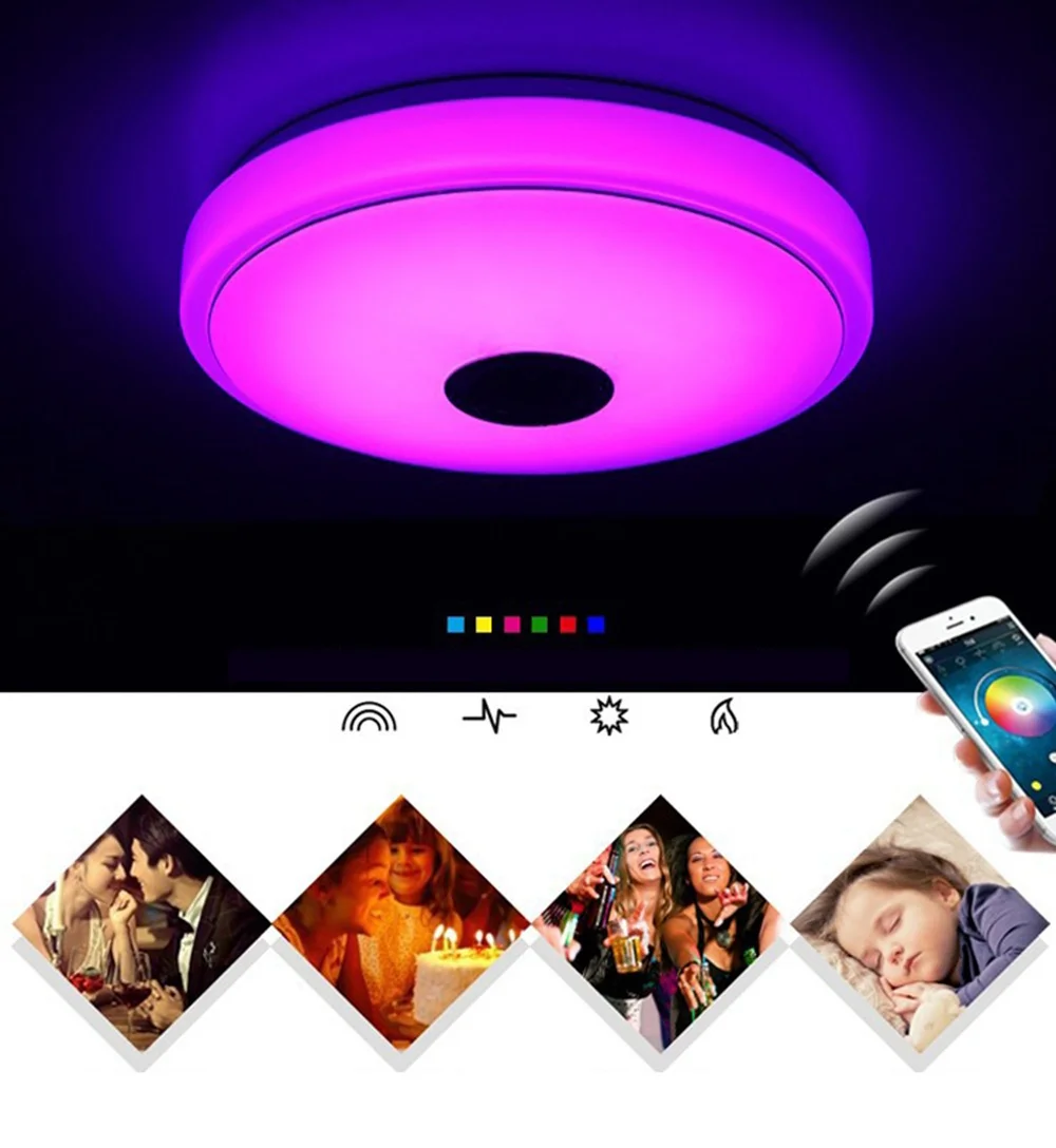 Умный музыкальный светодиодный потолочный светильник RGB с регулируемой яркостью, дистанционное управление, современный Bluetooth, лампа для спальни, потолочный светильник