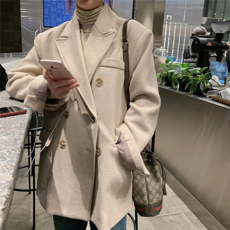 Winter Thicken Suit Coat Female Double-breasted Vintage Women Blend Blazer Notch Collar Woolen Jacket Femme