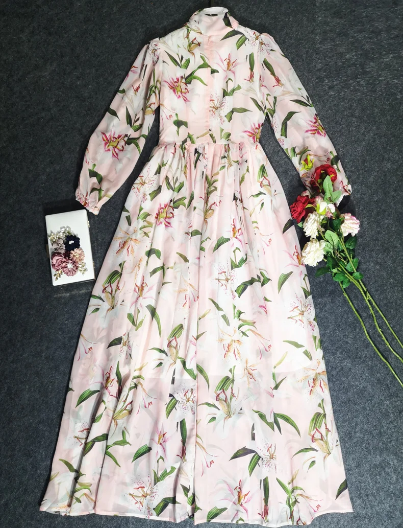 Qian Han Zi Брендовое дизайнерское модное Макси-платье для подиума женское Элегантное Длинное повседневное пляжное платье с бантом и принтом лилии розового цвета