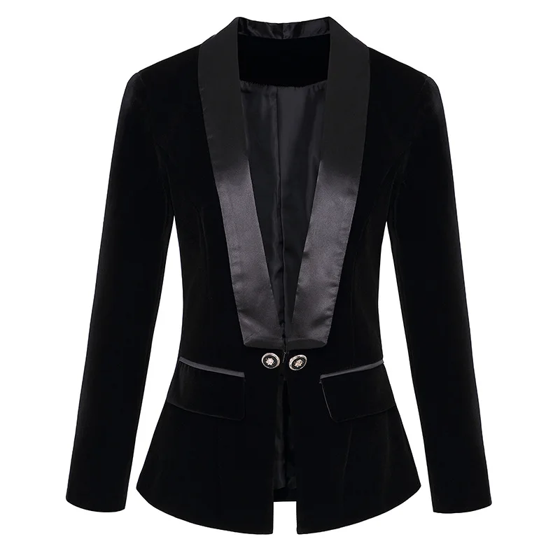 Модный женский темно-синий вельветовый Блейзер, пальто, высокое качество, длинный рукав, Осенний Блейзер, зимняя винтажная верхняя одежда на пуговицах - Цвет: black