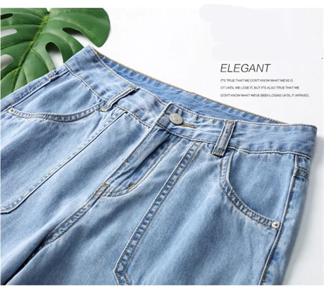 Модные летние женские джинсы с высокой талией, до колена, широкие джинсы для женщин, джинсовые повседневные эластичные брюки