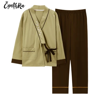 

CYNTHRA Sleepwear Women's Sexy Cotton Long-sleeved Trousers Daily Everyday Keepwarm Comfort Japanese Kimono Homewear For Ladies
