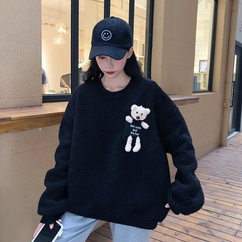 Korean Style Lilac Hoodies Women Oversize Bear Plush Toy Pullover Sweatshirt  Autumn Winter Harajuku Casual Loose O-neck Top Cute - Hoodies u0026 Sweatshirts  - AliExpress