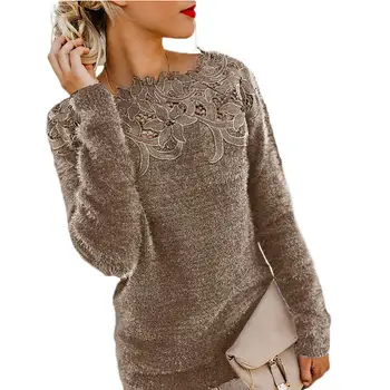 

Women Solid Color Long Sleeve O Neck Floral Lace Patchwork Pullover Sweater