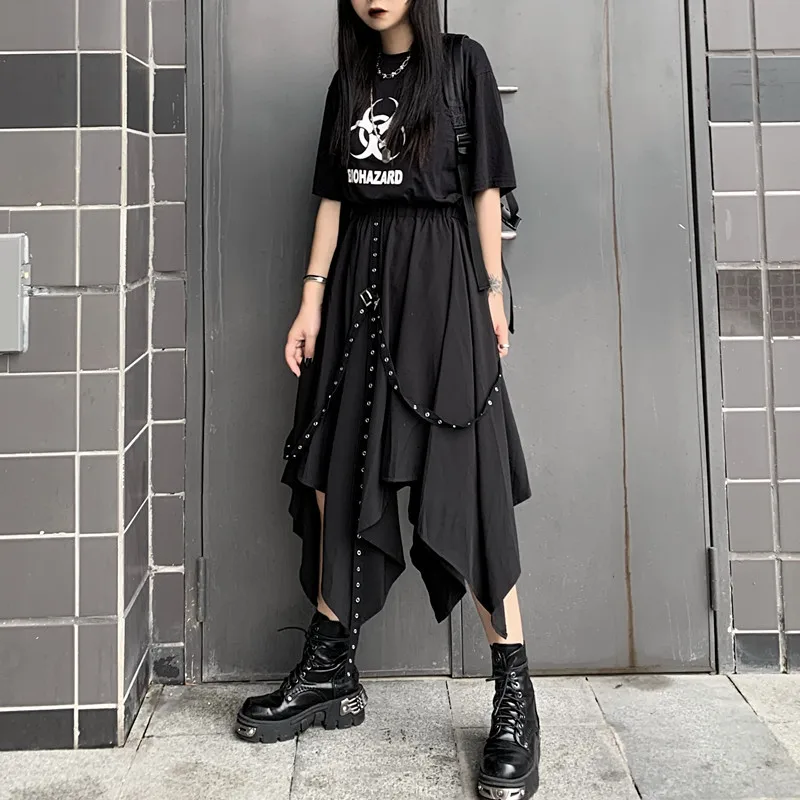 Lychee Harajuku Свободная Женская Однотонная юбка выше колена черная лента