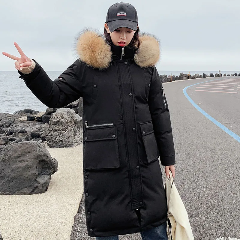 Черный 25 градусов зимние X-long parkas пальто женское утепленное плотное пальто с большим меховым воротником Повседневная женская зимняя куртка-парка на синтепоне - Цвет: Черный
