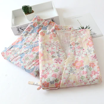 

2PCS Japanese Kimono Pajamas Set Floral Print Cotton Robe+Pants Yukata Women Pijama Kimono Cardigan Mujer Soft Gown Sleepwear