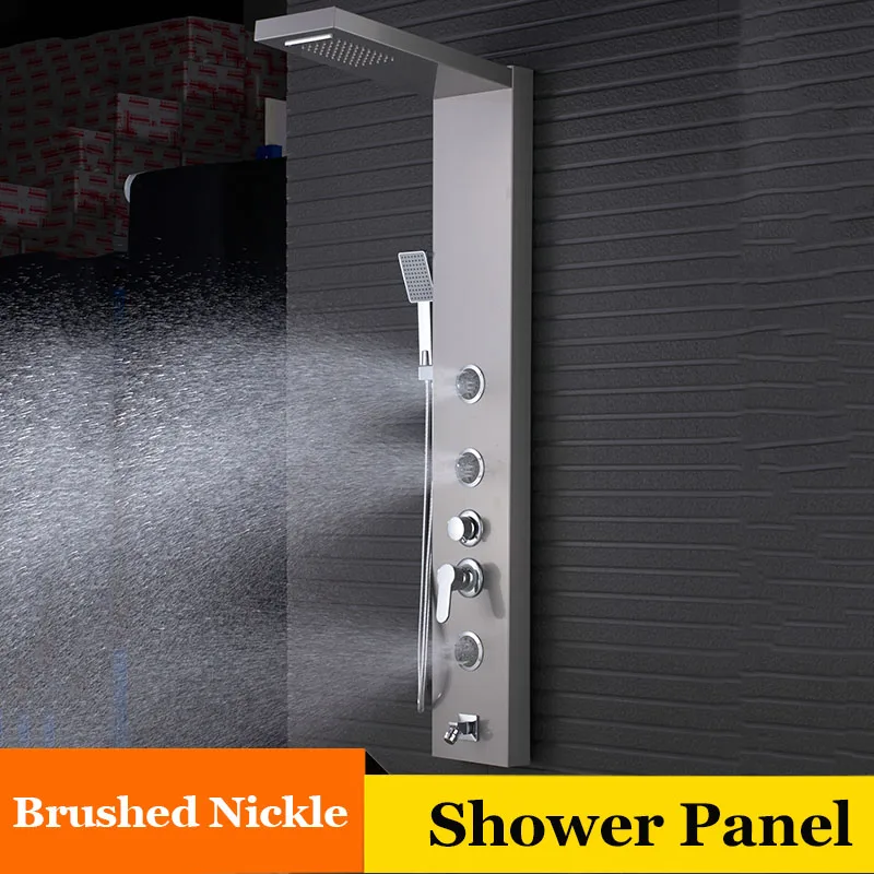 1039 Brushed Nickle Черный никель светодиодный дождь водопад смеситель для душа набор душевая панель Колонка многофункциональная насадка Массаж Спа струи температурный экран - Цвет: 1039 Brushed Nickle