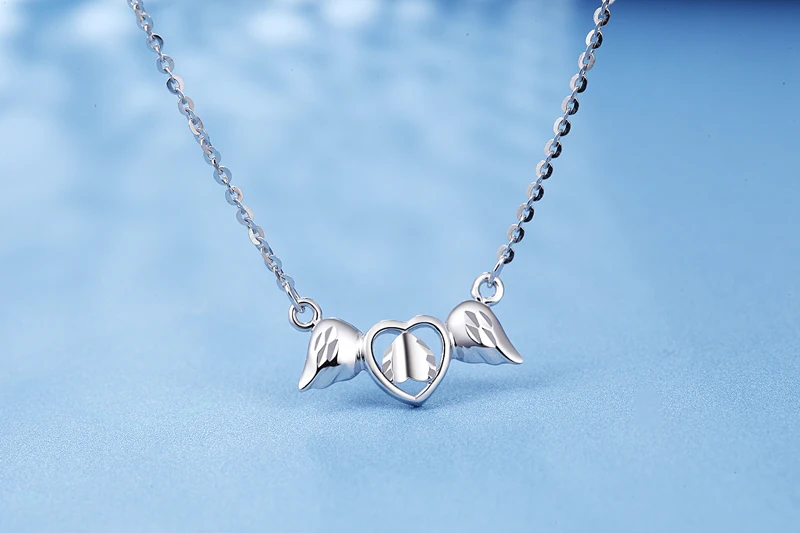 Elegant Platinum White Real Solid Gold Heart Wing Set Chain Pendant Necklace for Women Lady Girlfriend Fine Fancy Office Jewelry