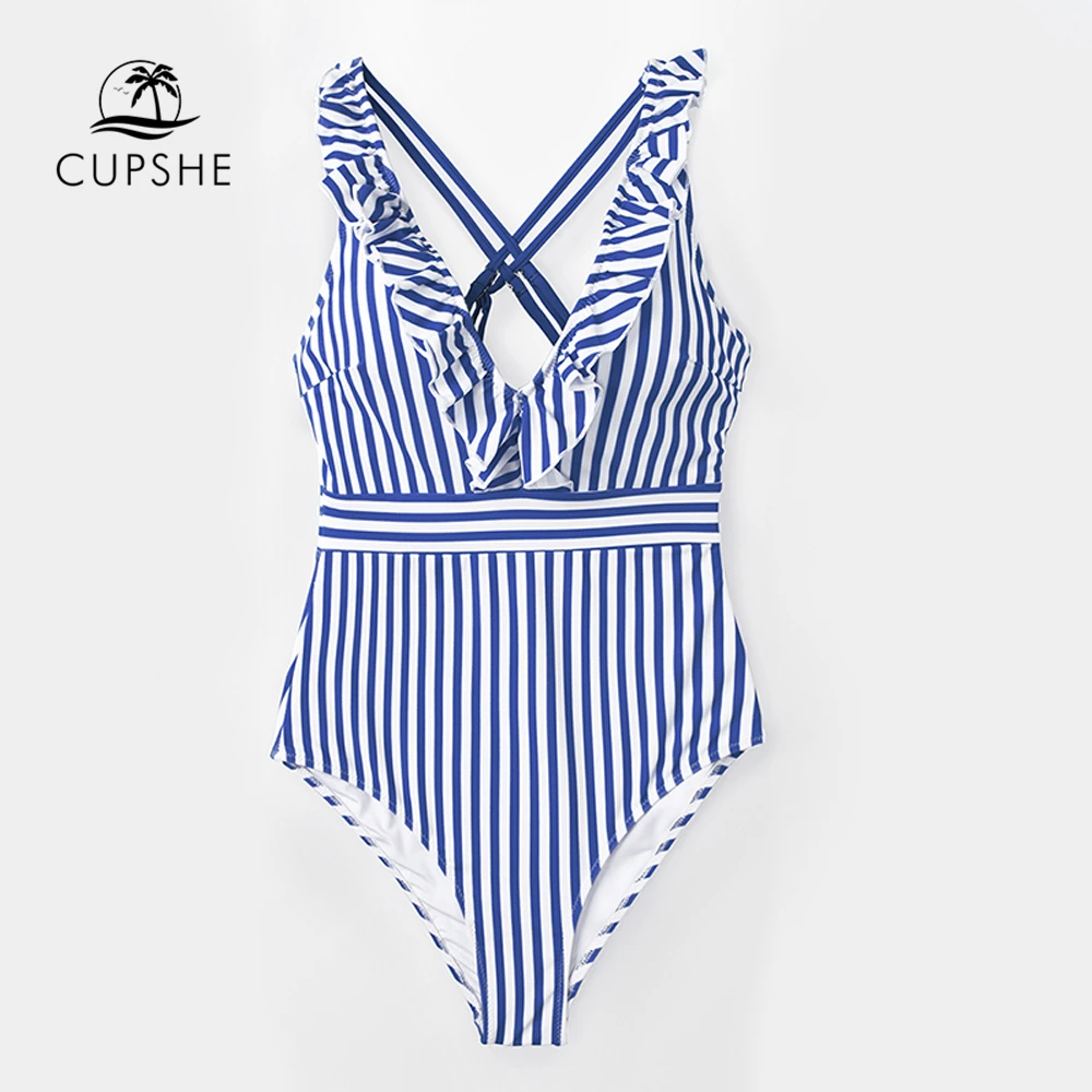 CUPSHE Blue And White Stripe Ruffled 