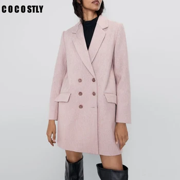 

Winter Wool Blend Coat Women Long Sleeve Outwear Long Jacket Korean Casual Autumn Elegant Double Breasted Overcoat Woolen Coat