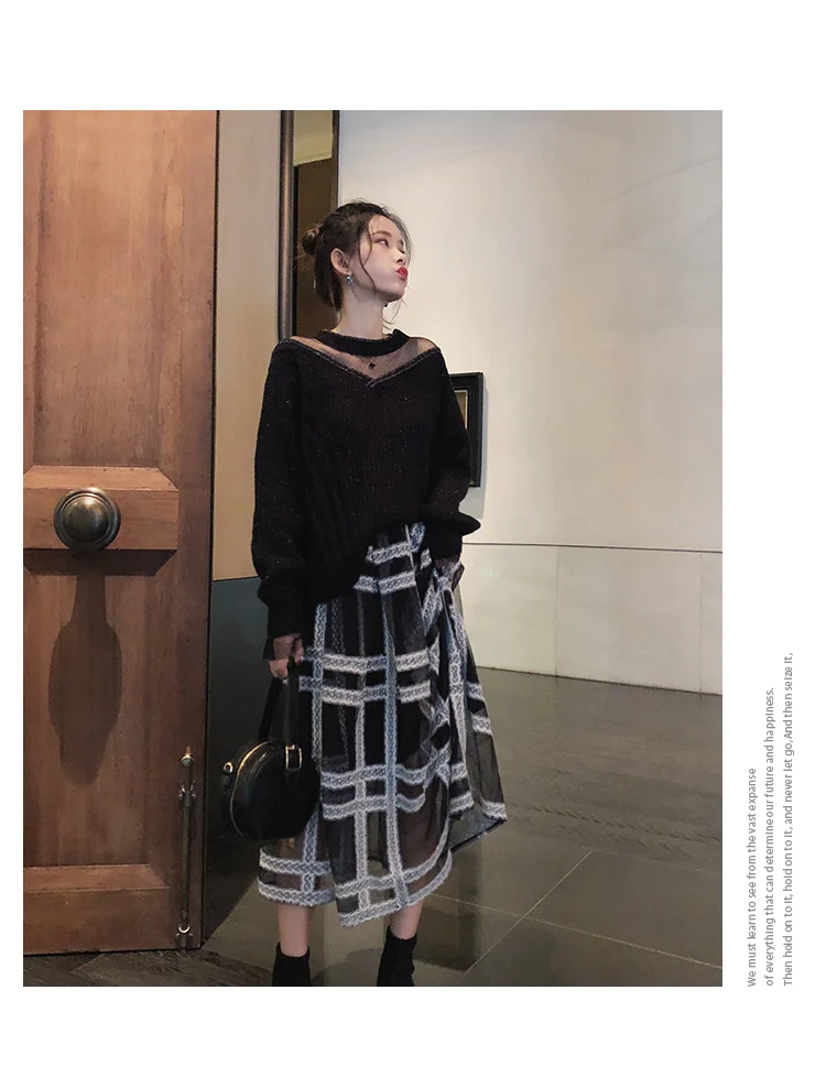 MISHOW autumn plaid pleated skirt women causal elastic waist mesh Mid-length black skirt MX18D1879