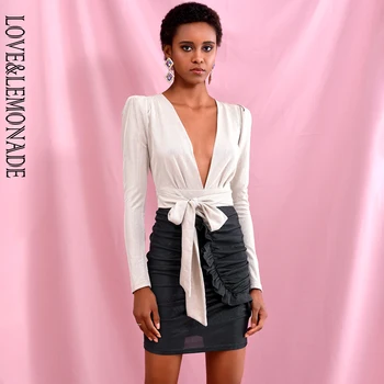 

LOVE & LEMONADE Sexy Deep V-Neck Black and Gold Panel Bodycon Reflective Material Long Sleeve Mini Dress LM82395