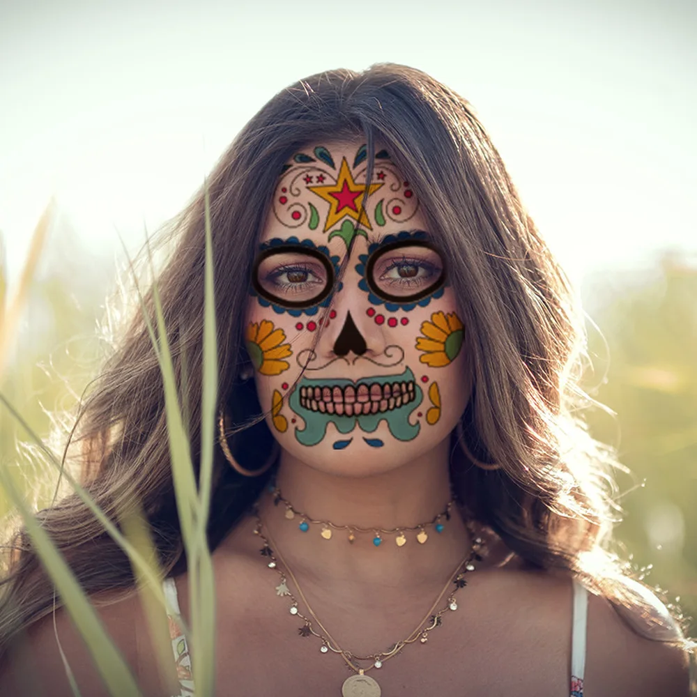 Halloween Party Decoration Halloween Mask Waterproof Temporary Tattoo Sticker Mexican Day of The Sugar Skull Mask Makeup Party,Q