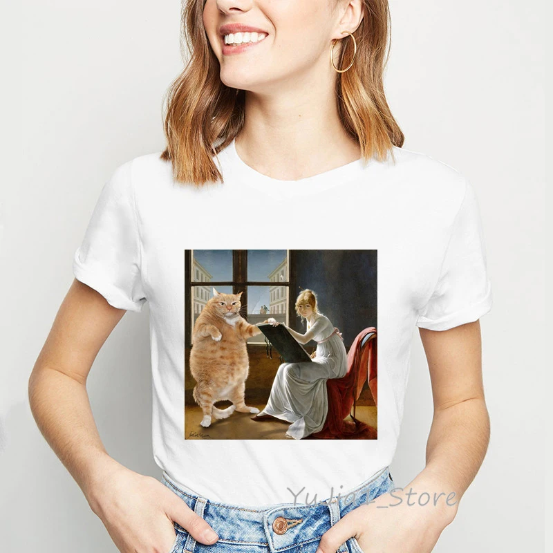 Ropa mujer Mona Lisa and her cat футболка с рисунком для женщин плюс размер vogue Забавные футболки femme летние топы женская футболка