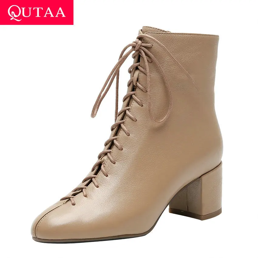 

QUTAA 2020 Thick Heel Square Toe Fashion Autumn Winter Ankle Boots Cow Leather Lace Up Zipper All Match Women Shoes Size 34-40
