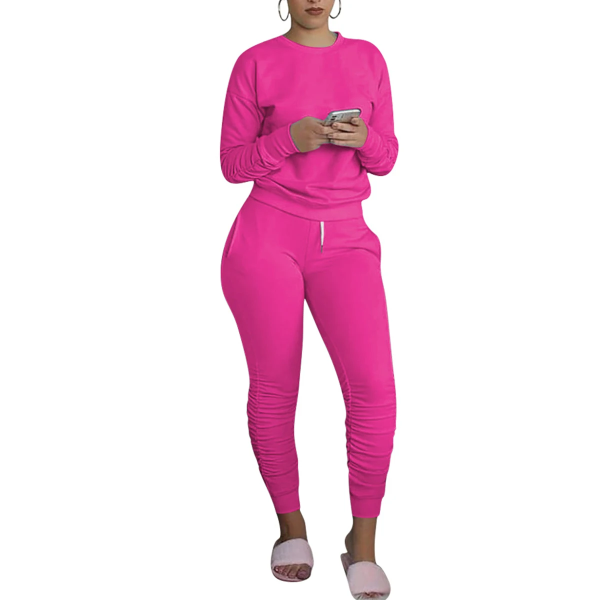 

Women Two Pieces Outfits Solid Color Round Neck Long Sleeve Top Pants High Waist Ladies Pullover Casual Sweatsuit Tracksuit