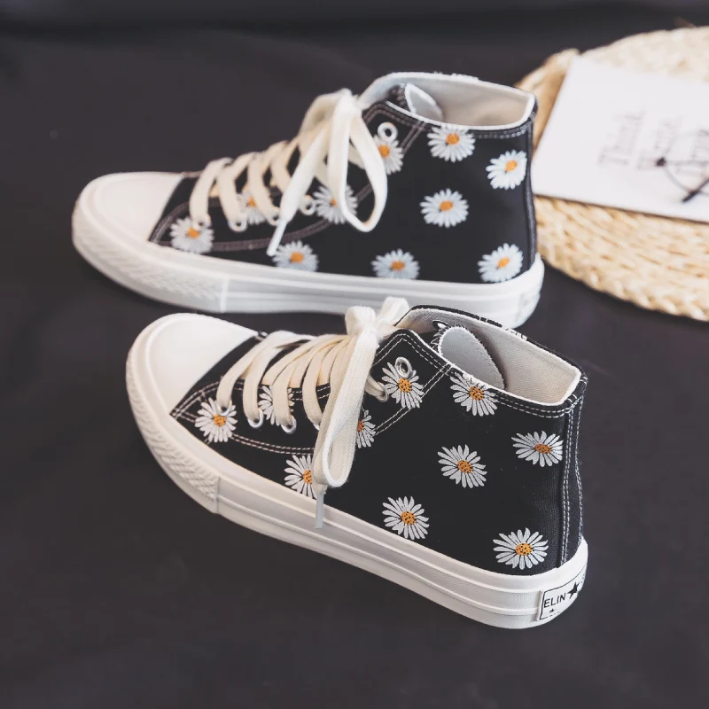 Женские парусиновые туфли с маргаритками черные Ulzzang для девушек новинка весны