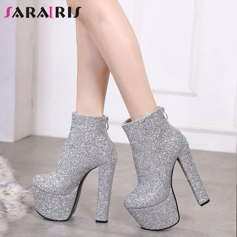 

SARAIRIS Wommen Glitter Boots 2020 Vintage High Heels Round Toe Platform Autumn Shoes Woman High Top Wedding Ankle Boots