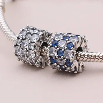 

New Original 925 Sterling Silver DIY Jewelry Crystal Beads Bright Blue Clear Pave CZ Charms Fit Pandora Bracelet Women Gift 1Pcs