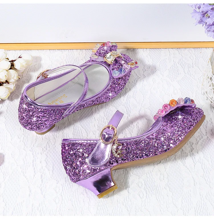 Детская кожаная обувь принцессы для девочек; Повседневная блестящая детская обувь на высоком каблуке с бантом-бабочкой; цвет синий, розовый, серебристый