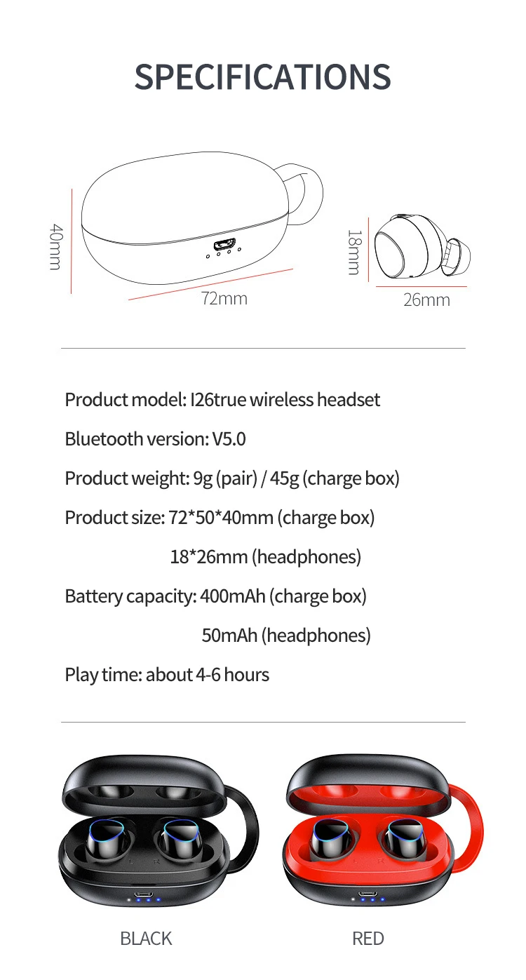 Bluetooth-гарнитура I26 TWS с сенсорным управлением 5,0, мини-микрофон с дисплеем питания, зарядная коробка, беспроводная 3D стереогарнитура для воспроизведения