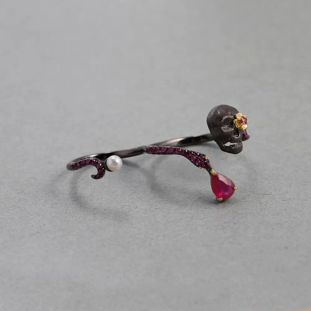 GEM'S балет натуральный рубин череп из драгоценных камней кольцо 925 пробы серебро регулируемый ручной работы двойные кольца на пальцы для женщин хорошее ювелирное изделие