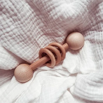 

Baby Teether Toys Beech Wooden Rattle Natural Wood Ring Teething Silicone Beads Chew Play Gym Montessori Stroller Newborn Toys