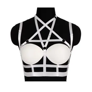

Women Lingerie Gothic Pentagram Frame Cage Breast Full Cup Top Harness Bra Sexy Body Bustier White Wedding Dance Plus Size