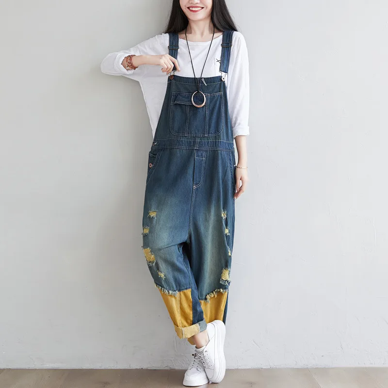 Ripped Jeans Jumpsuit Women Autumn 2020 Loose Denim Trouser Overalls Vintage Blue Pockets Plus Size Casual Bib Pants with Straps