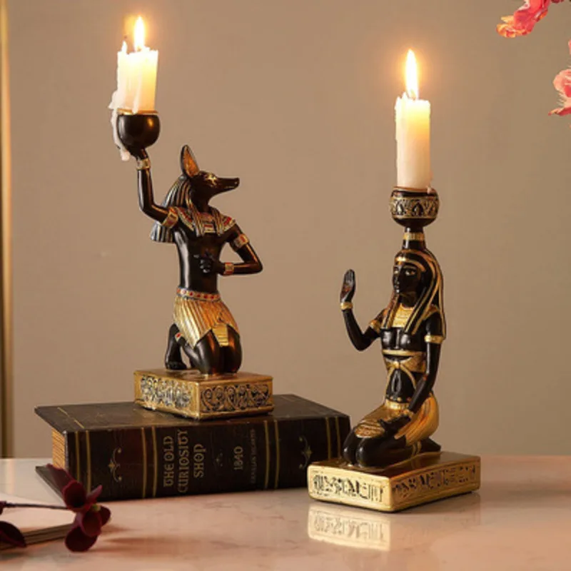 Vintage Candlestick Ancient Egypt Idol Candle Holder Anubis God Cat God