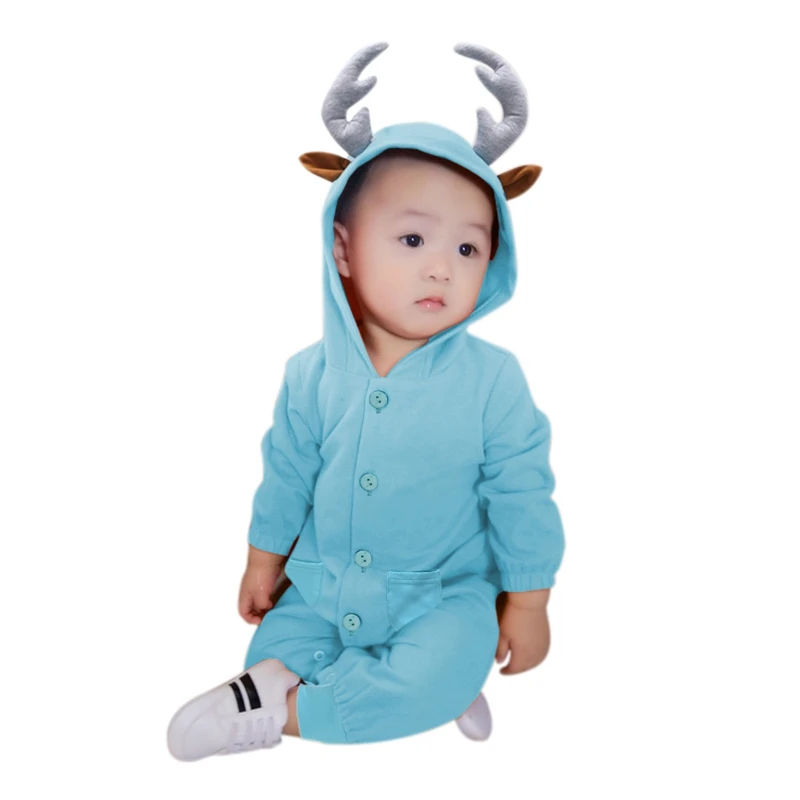 Blue 18-24M Новинка; комбинезон для новорожденных; сезон осень-зима; детские комбинезоны с капюшоном и рисунком рога; детские комбинезоны с милыми повседневными карманами и длинными рукавами - Цвет: Blue 18-24M