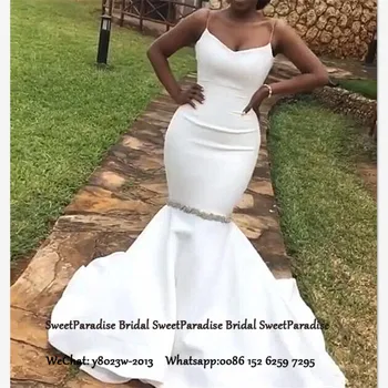 

Sexy Mermaid Prom Dresses For Women Spaghetti Strap White Satin Long Sweep Train Formal Evening Dress Party Robe De Soiree